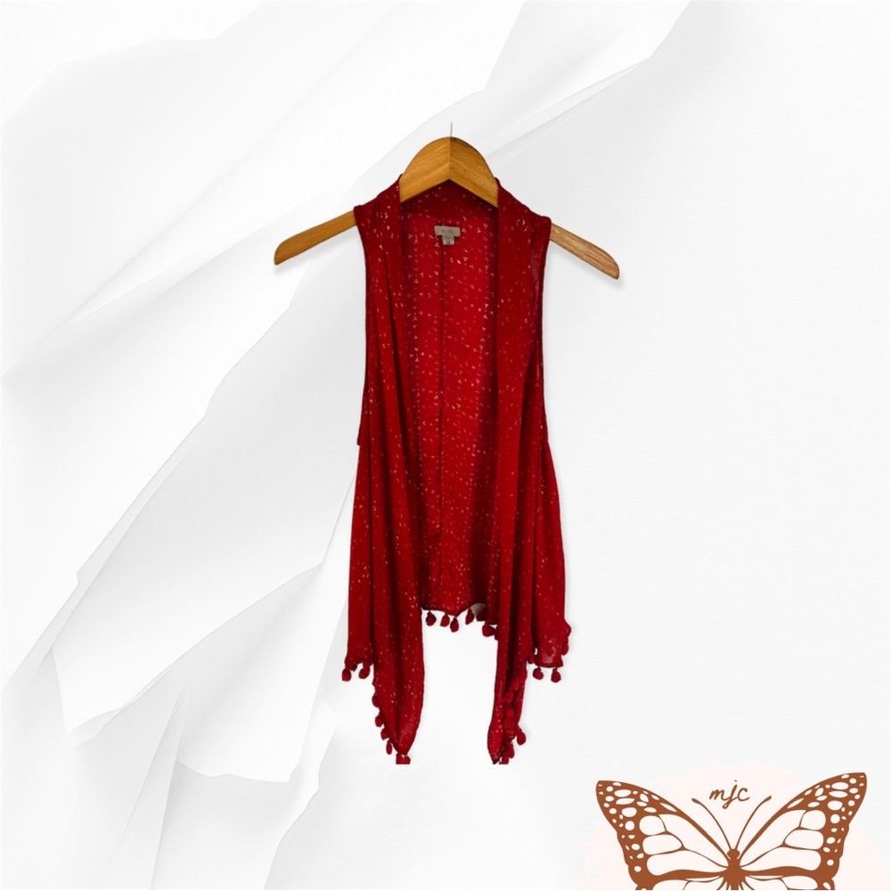 Ecote Sheer Red Vest with White Triangles and Tassles - Size M